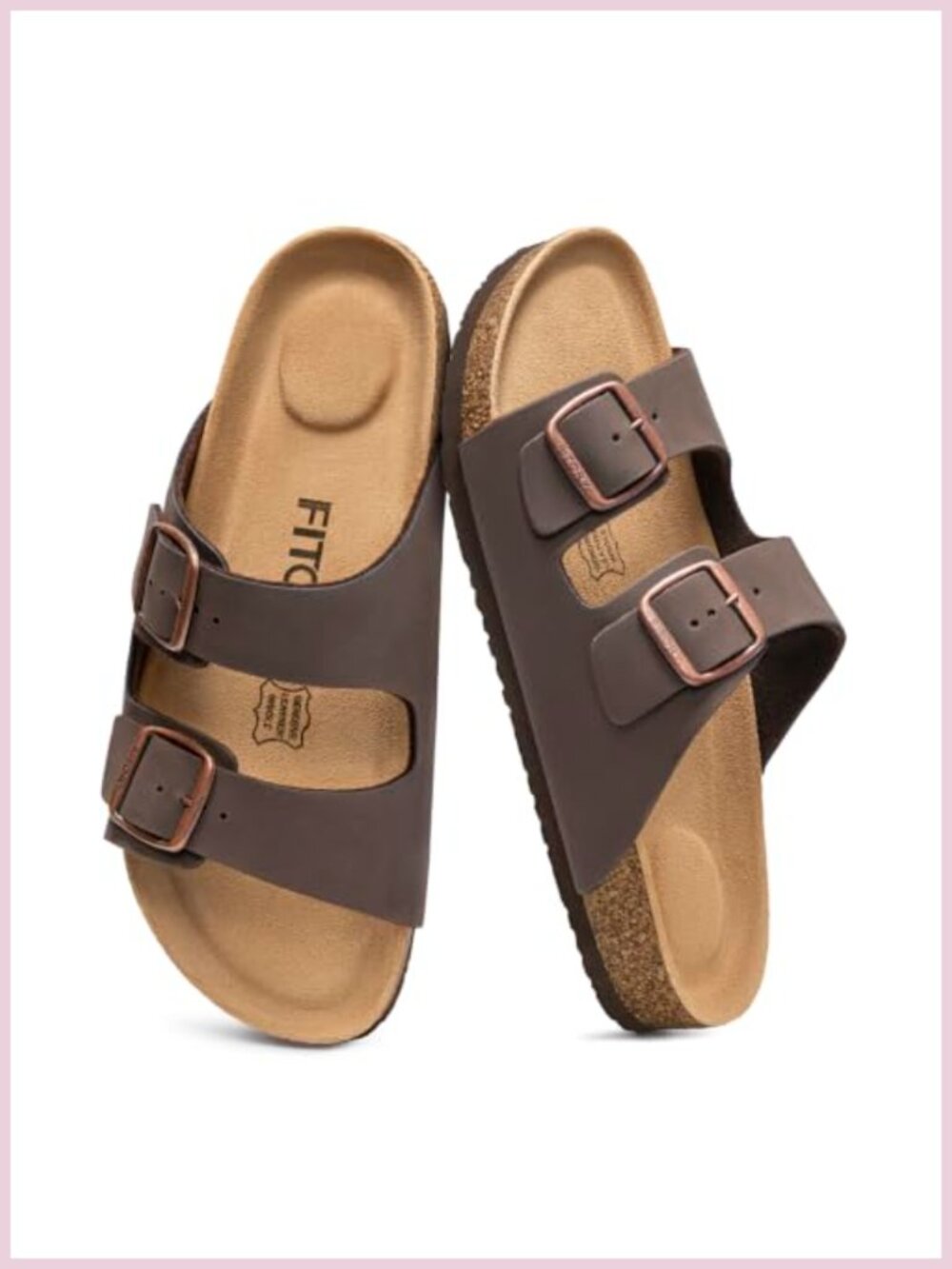 Mens Leather Insole Sandals Two Buckle Open Toe Slides